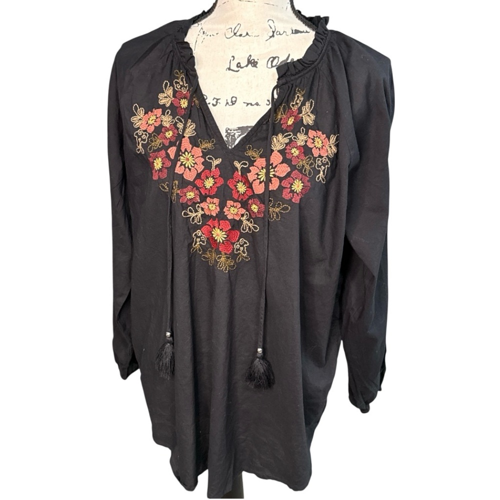 Black Floral Embroidered Boho Tunic Top Gypsycore Relaxed Blouse Festival L - Picture 2 of 9